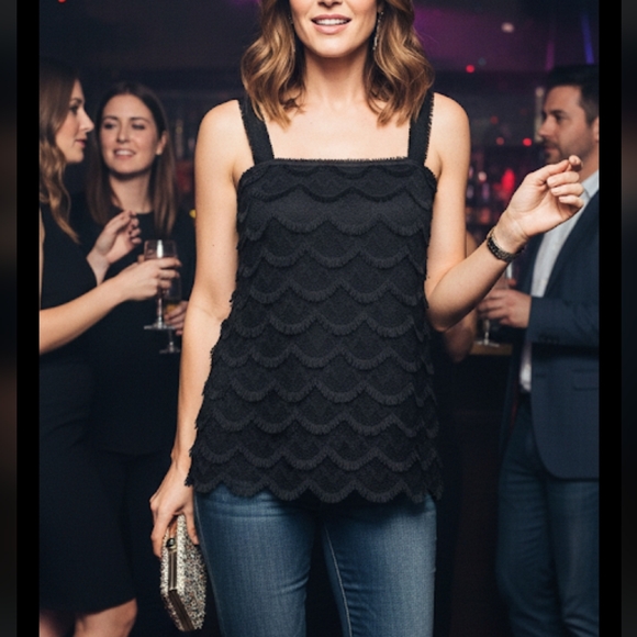 Ann Taylor Tops - Ann Taylor Black Top Eyelash Fringe Lace Scalloped Crochet Tiered Sleeveless